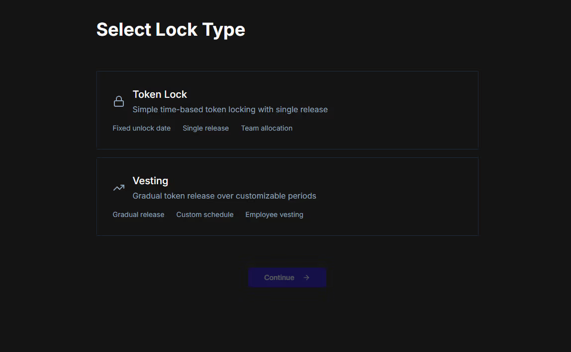 Select Lock Type interface showing Token Lock and Vesting options