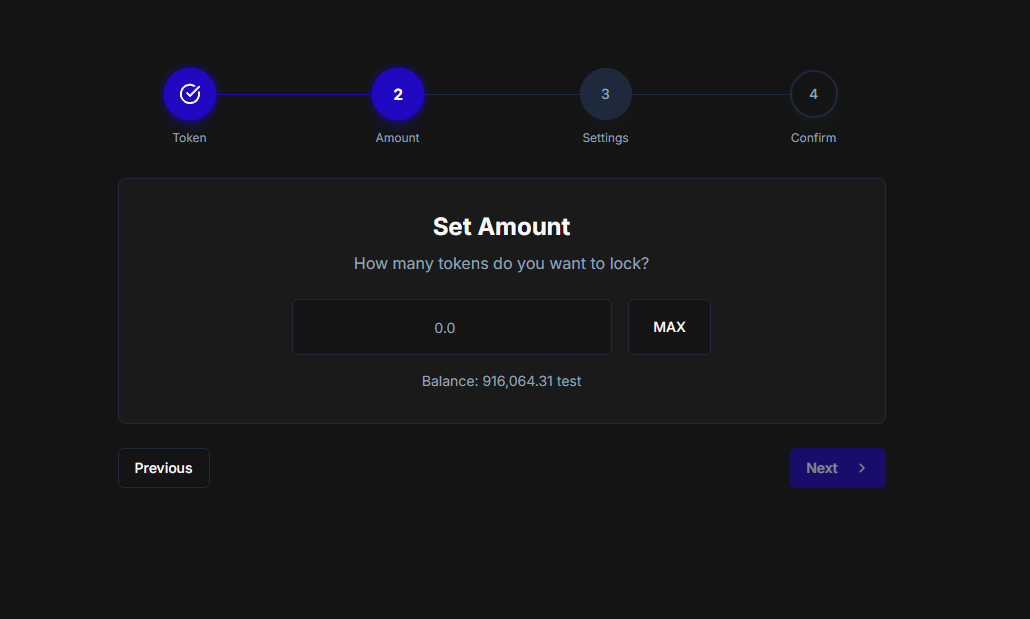 Set Amount interface showing token amount input with MAX button and balance display