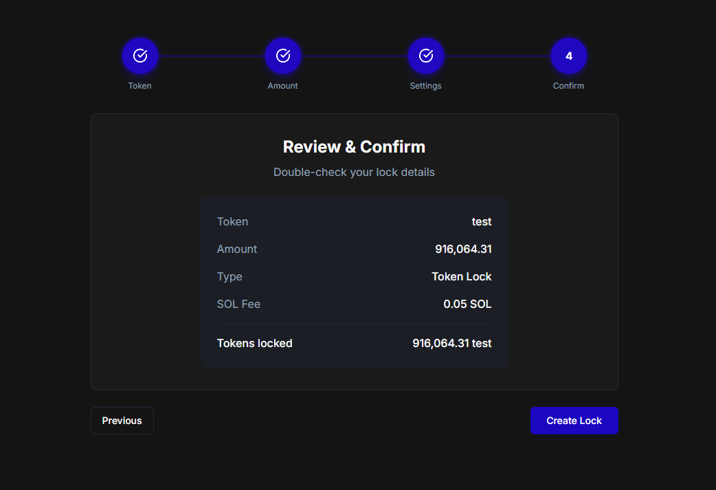 Review & Confirm interface showing lock details summary and Create Lock button